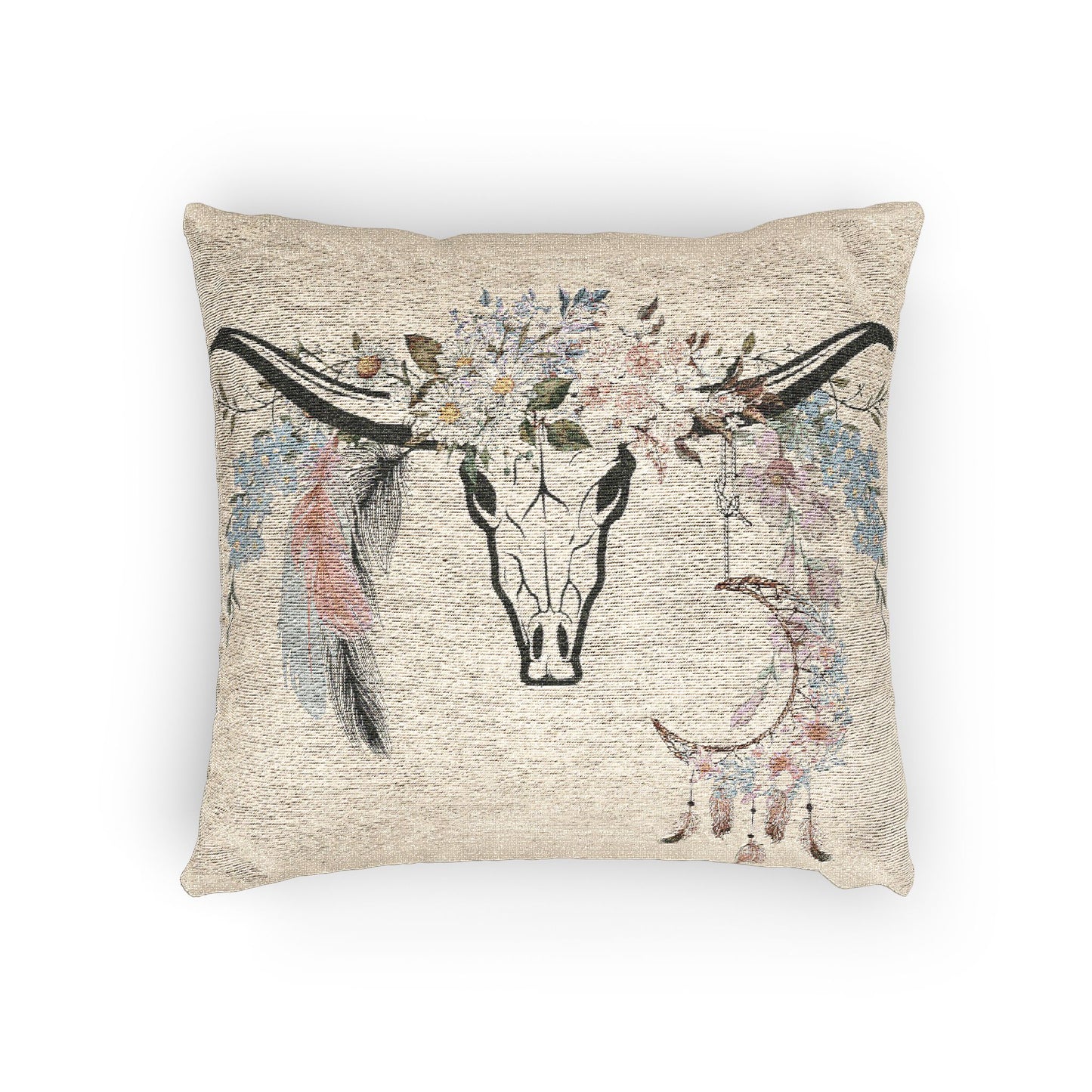 Texas Longhorn Flowers Woven Throw Pillow, Rustic Throw Pillow, Home Decor, Country Western Decor, Southwestern Style