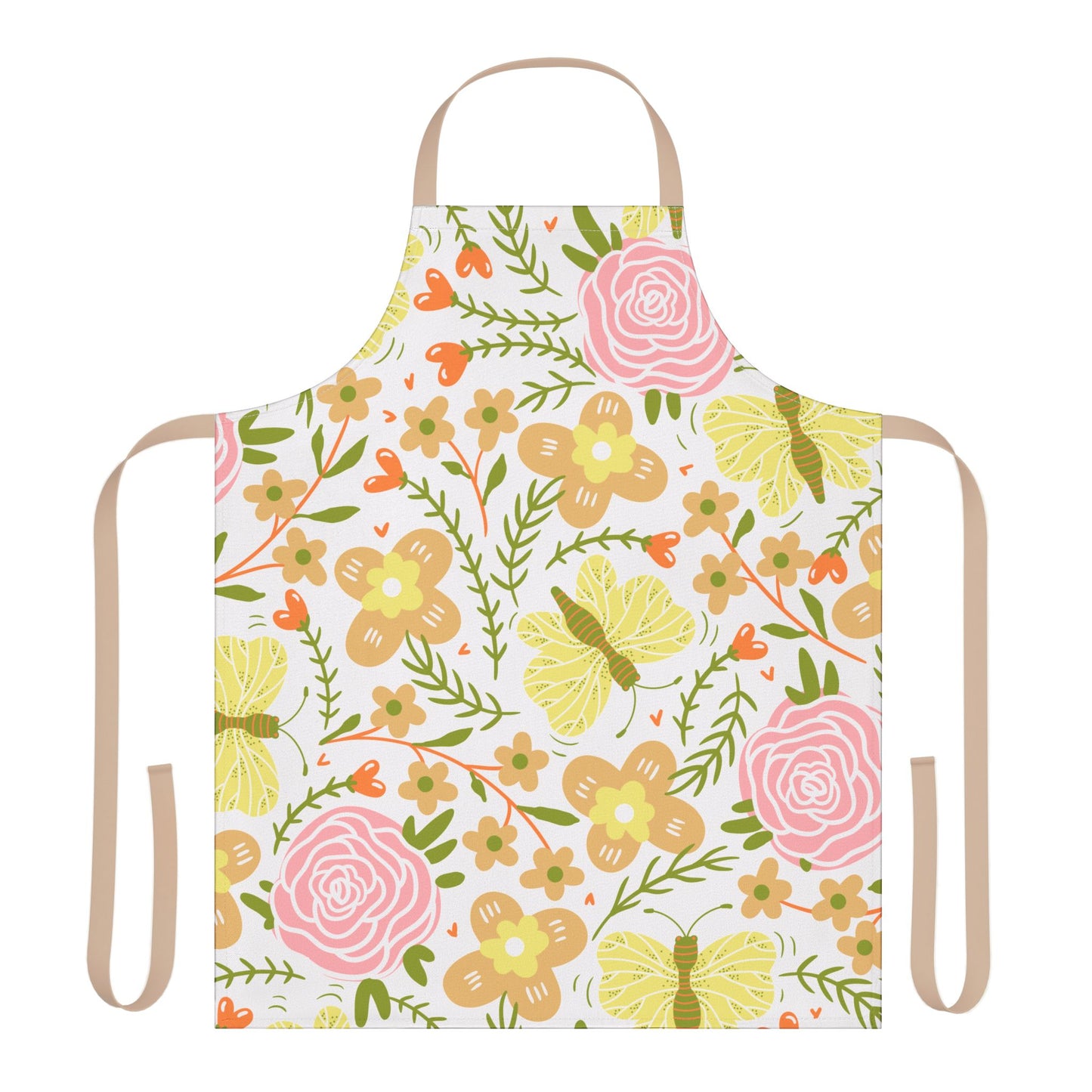 Floral Kitchen Apron with Beige Ties, Cooking, Baking, Crafting, Cleaning Apron, Eco-Friendly, Sustainable