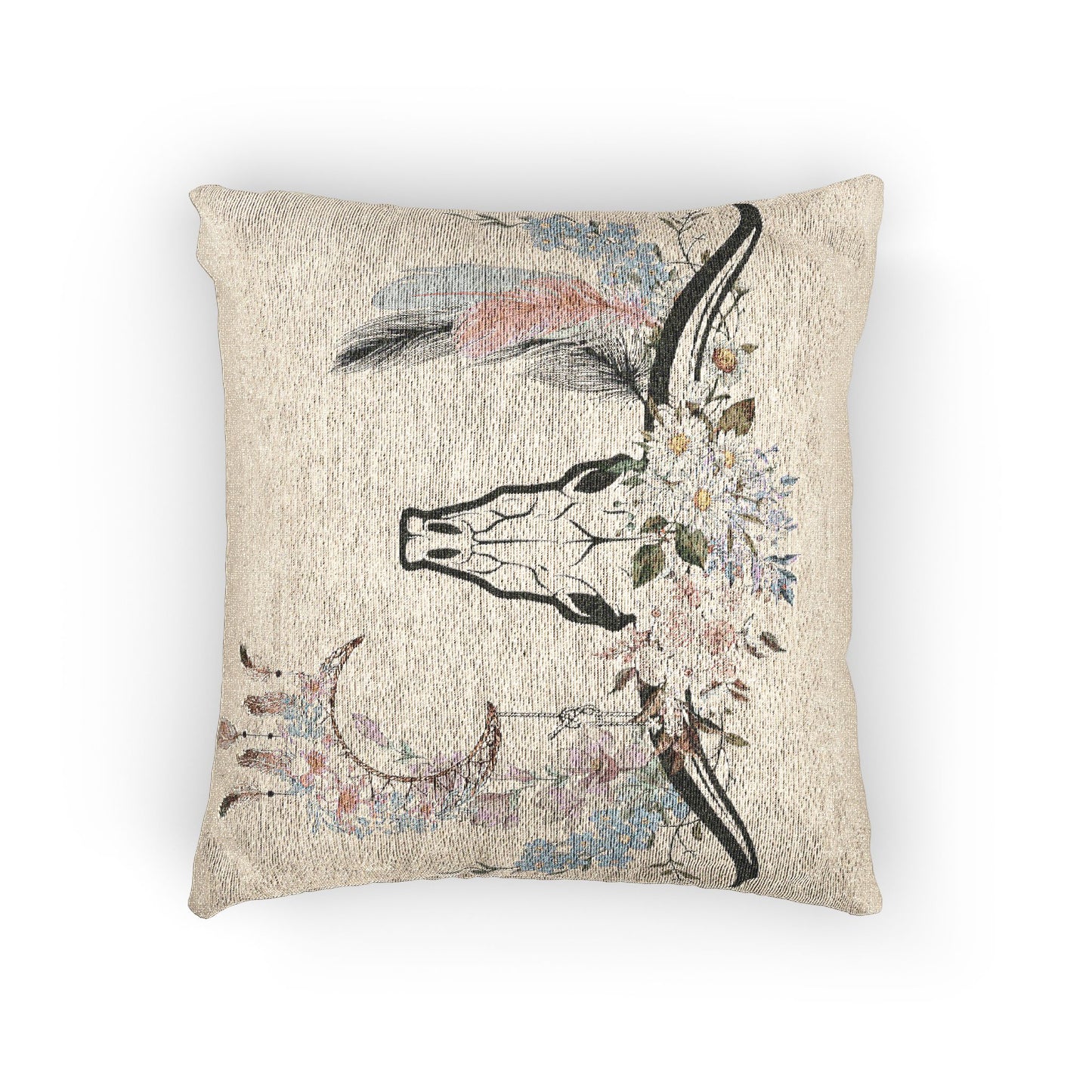 Texas Longhorn Flowers Woven Throw Pillow, Rustic Throw Pillow, Home Decor, Country Western Decor, Southwestern Style