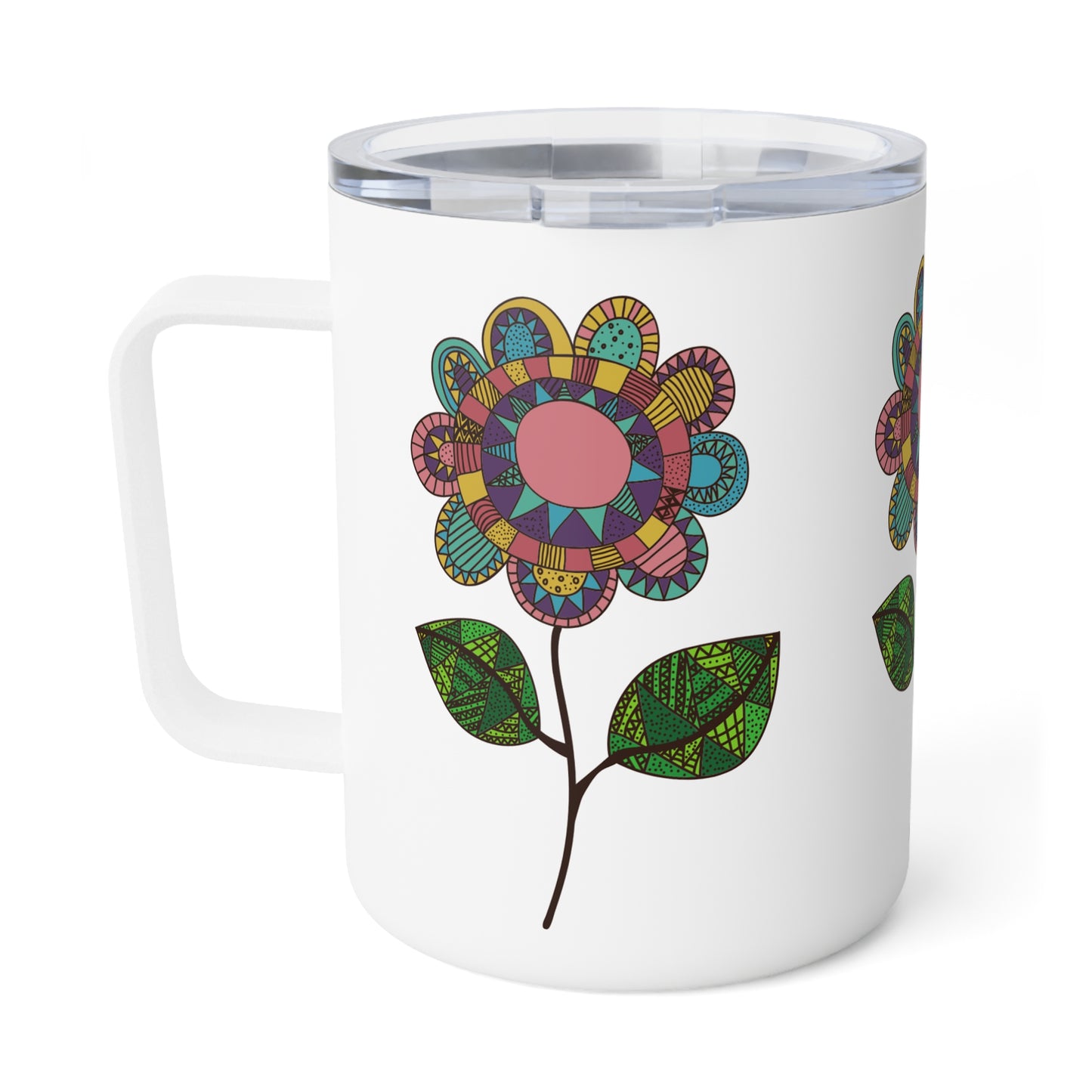 Boho Floral Coffee Mug, 10oz Insulated Tumbler with Flower Design. Eco-Friendly, Sustainable, American Made