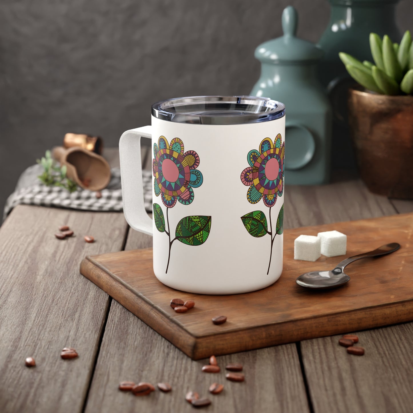 Boho Floral Coffee Mug, 10oz Insulated Tumbler with Flower Design. Eco-Friendly, Sustainable, American Made