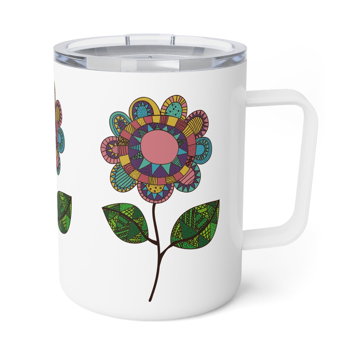 Boho Floral Coffee Mug, 10oz Insulated Tumbler with Flower Design. Eco-Friendly, Sustainable, American Made
