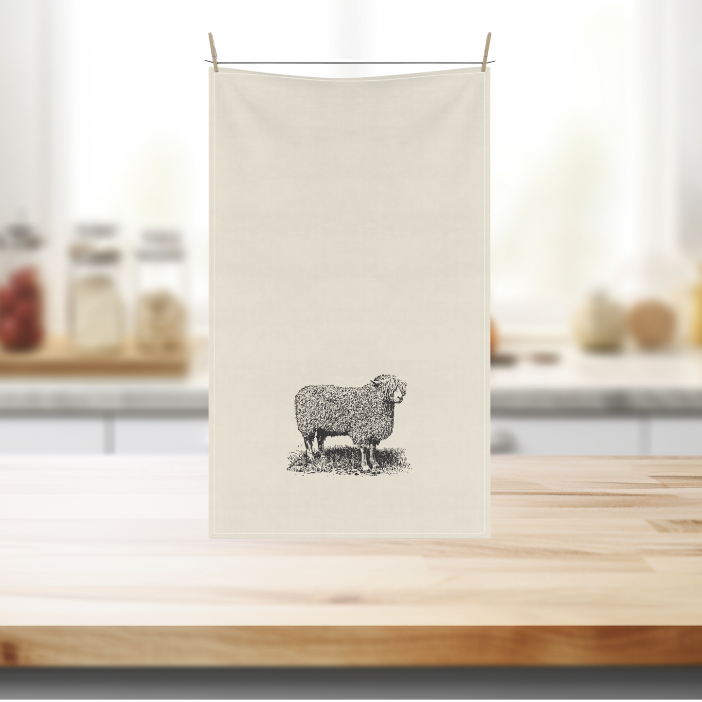 Cotton Tea Towel - Minimalist Farmhouse Vintage Sheep Design, Eco-Friendly, Sustainable