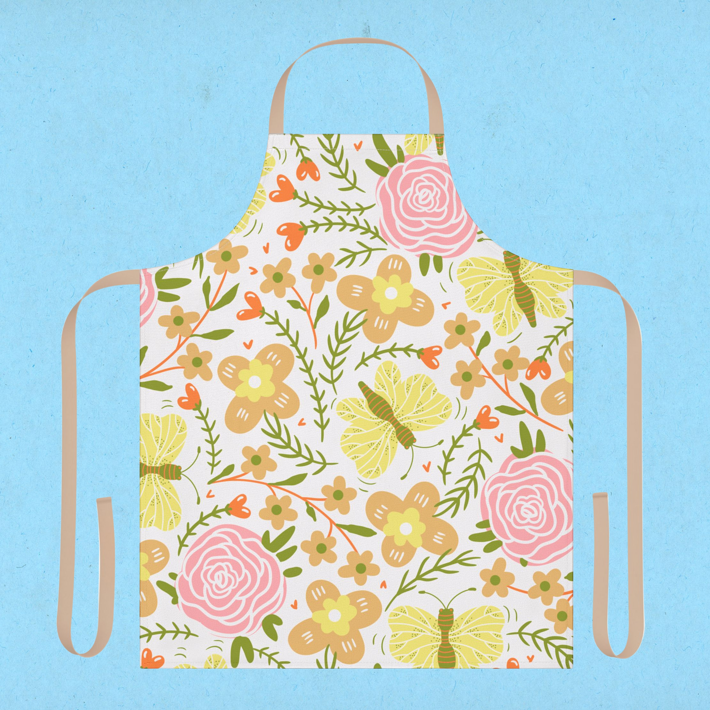 Floral Kitchen Apron with Beige Ties, Cooking, Baking, Crafting, Cleaning Apron, Eco-Friendly, Sustainable
