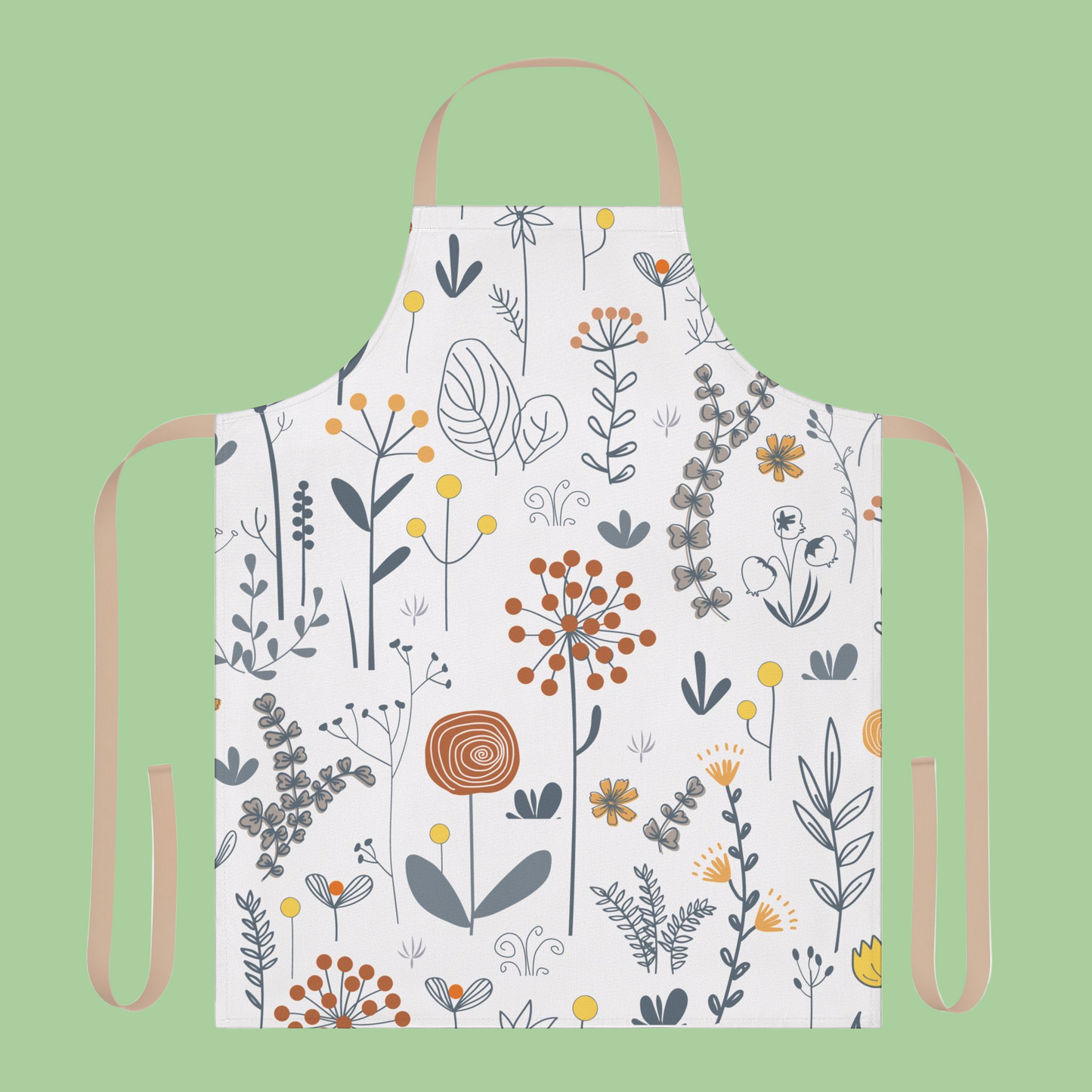 Sage Green Floral Kitchen Apron with Beige Ties, Cooking, Baking, Crafting, Cleaning Apron, Eco-Friendly, Sustainable