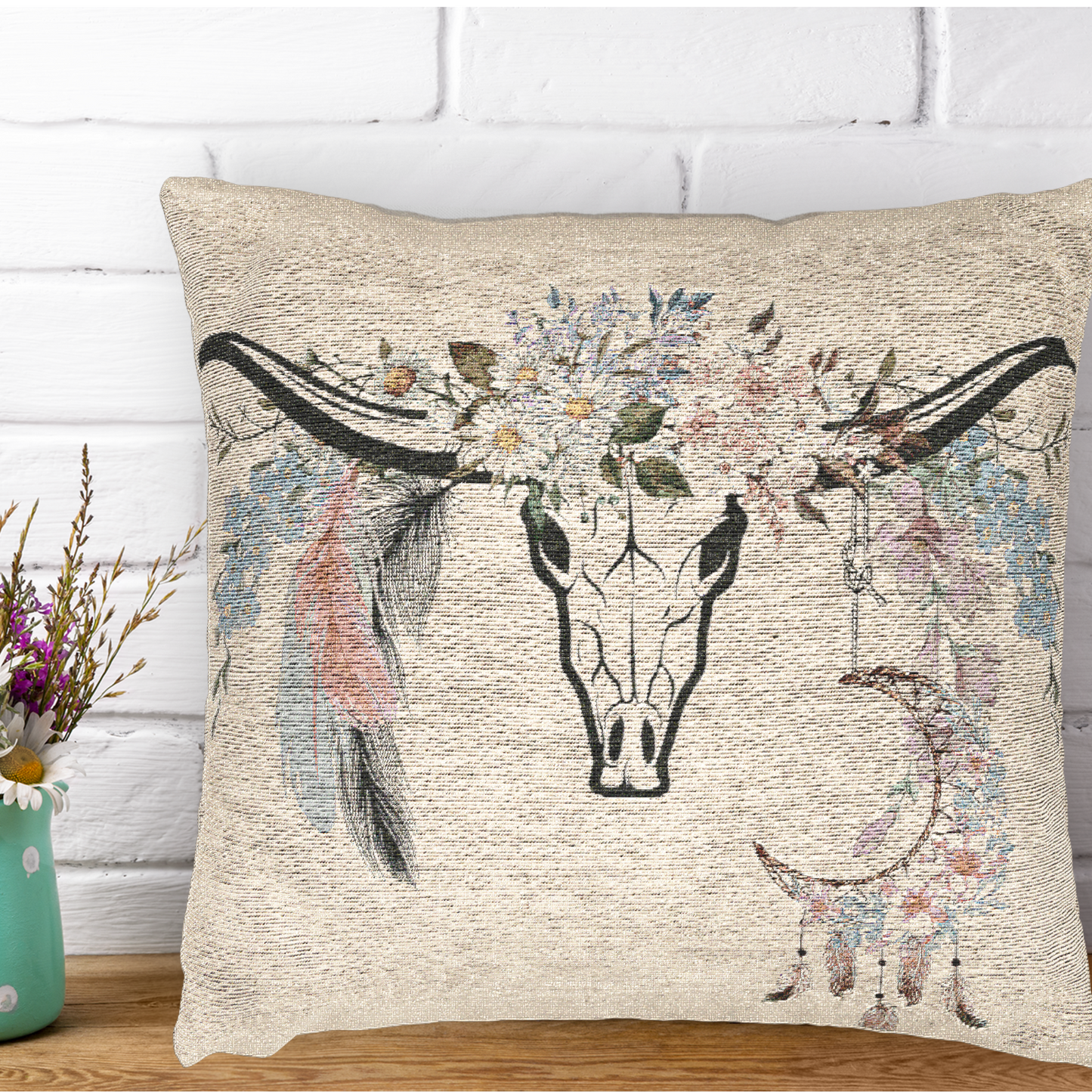 Texas Longhorn Flowers Woven Throw Pillow, Rustic Throw Pillow, Home Decor, Country Western Decor, Southwestern Style