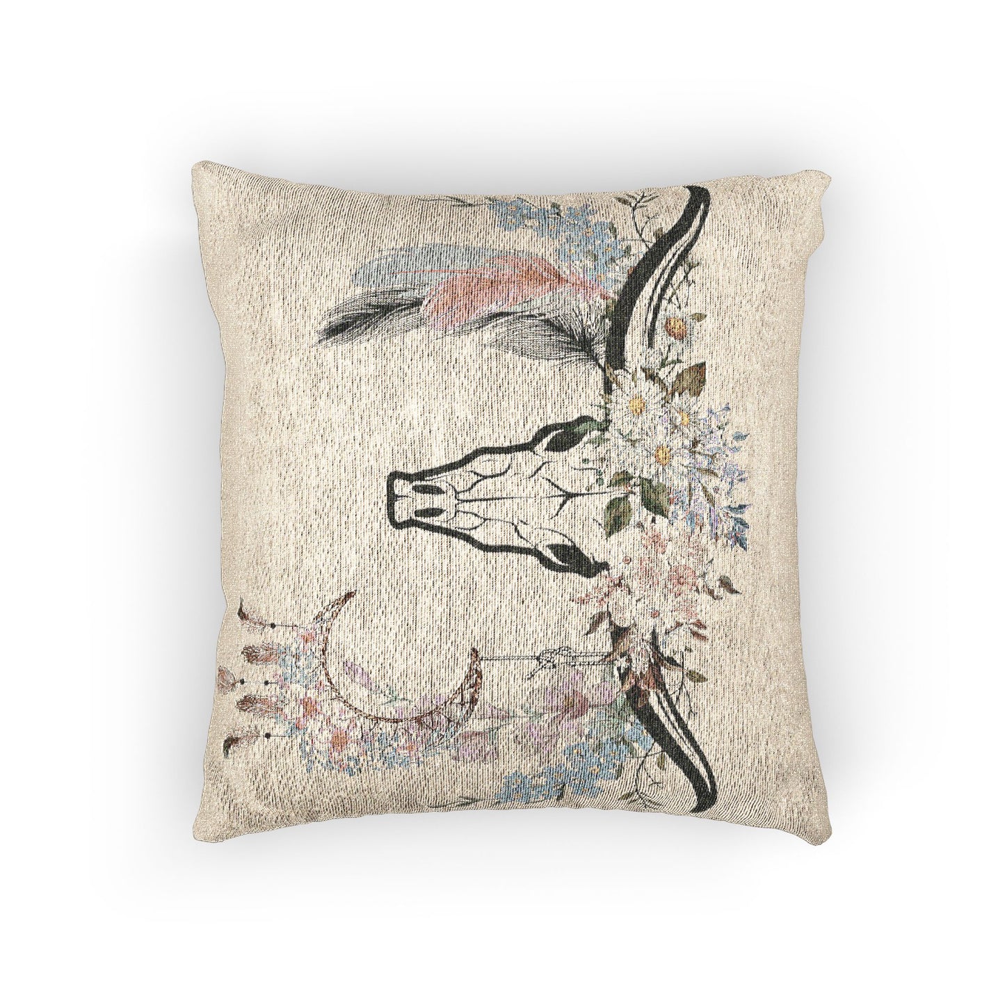 Texas Longhorn Flowers Woven Throw Pillow, Rustic Throw Pillow, Home Decor, Country Western Decor, Southwestern Style