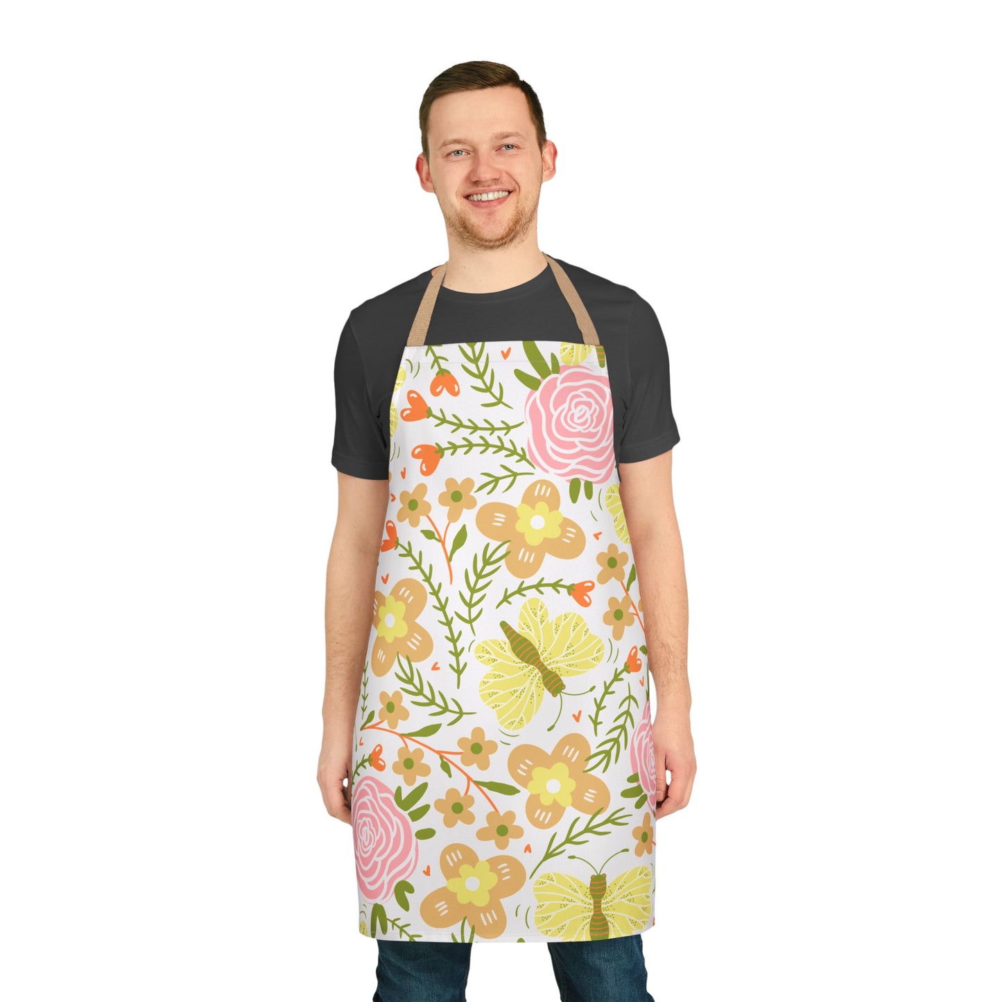 Floral Kitchen Apron with Beige Ties, Cooking, Baking, Crafting, Cleaning Apron, Eco-Friendly, Sustainable