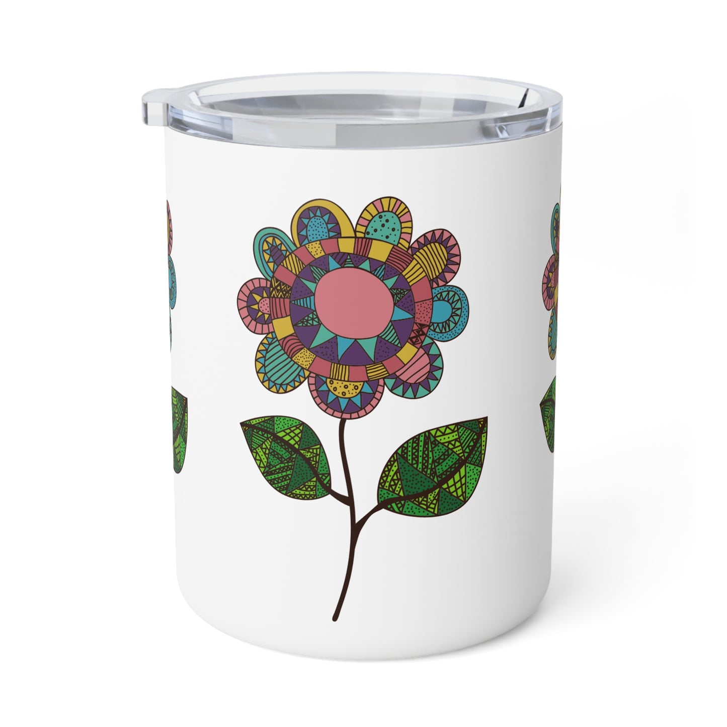 Boho Floral Coffee Mug, 10oz Insulated Tumbler with Flower Design. Eco-Friendly, Sustainable, American Made