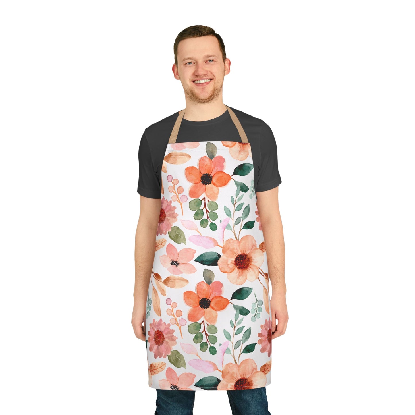Peach Floral Kitchen Apron with Beige Ties, Cooking, Baking, Crafting, Gardening, Cleaning Apron, Eco-Friendly, Sustainable