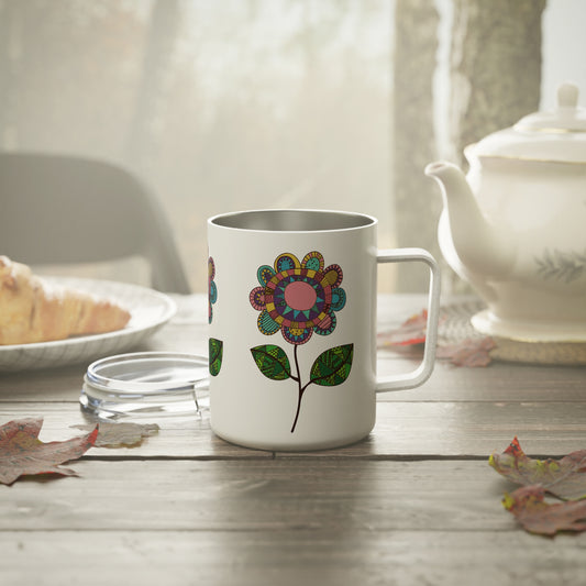 Boho Floral Coffee Mug, 10oz Insulated Tumbler with Flower Design. Eco-Friendly, Sustainable, American Made