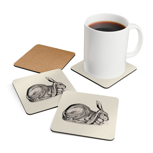 Minimalist Farmhouse Vintage Rabbit Corkwood Coaster Set 4pc, Eco-Friendly, Sustainable