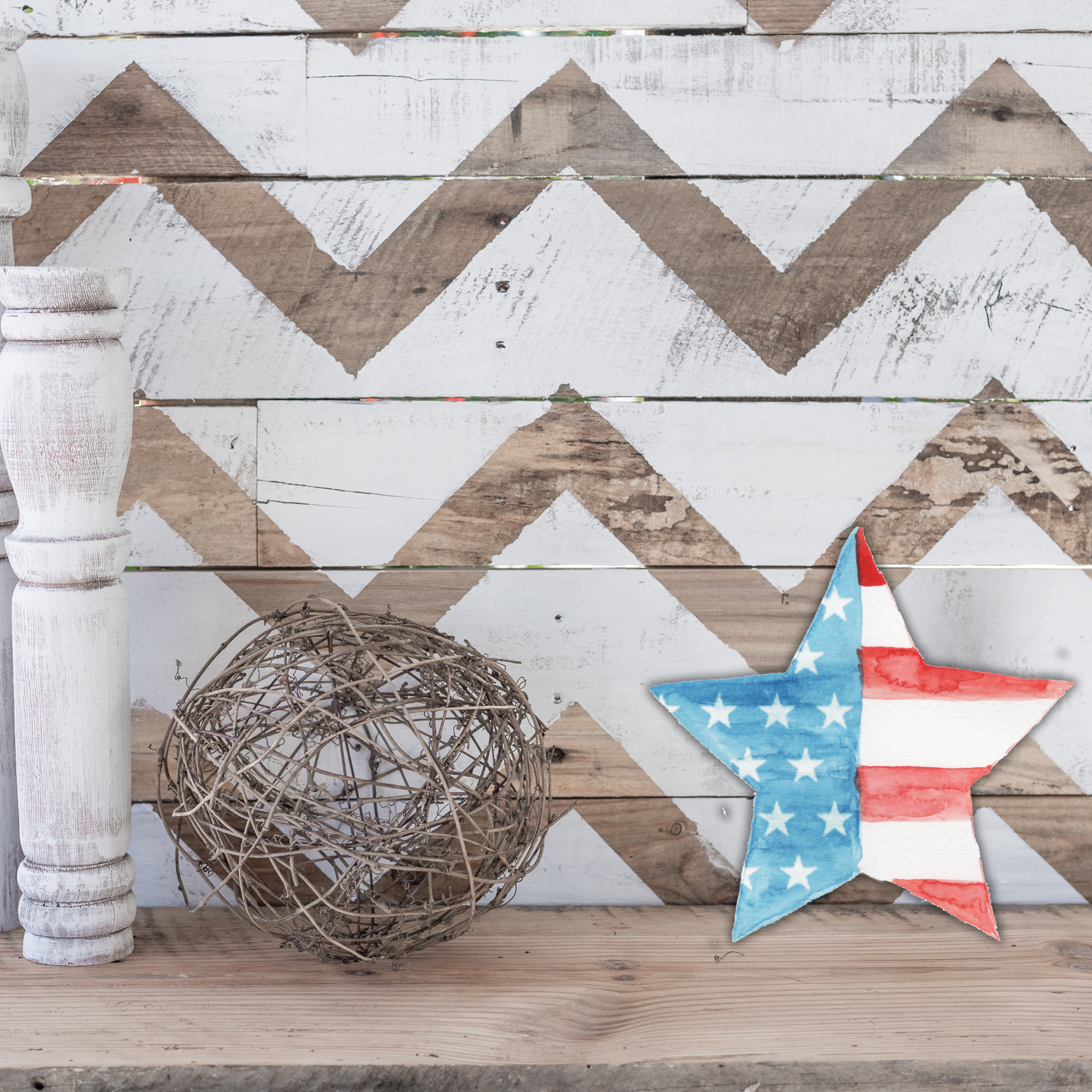 Birch Wood American Flag Whitewashed Vintage Farmhouse Star Free-Standing Wooden Star Decor