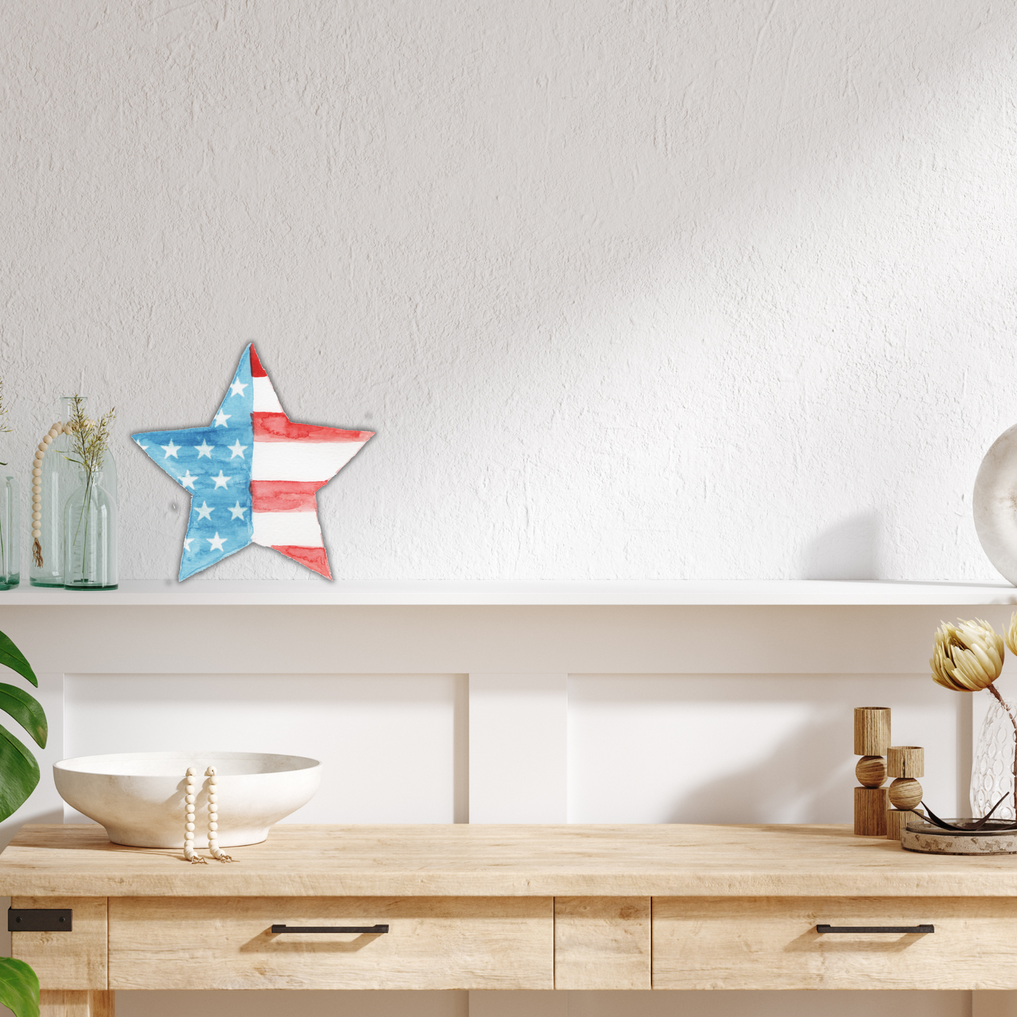 Birch Wood American Flag Whitewashed Vintage Farmhouse Star Free-Standing Wooden Star Decor