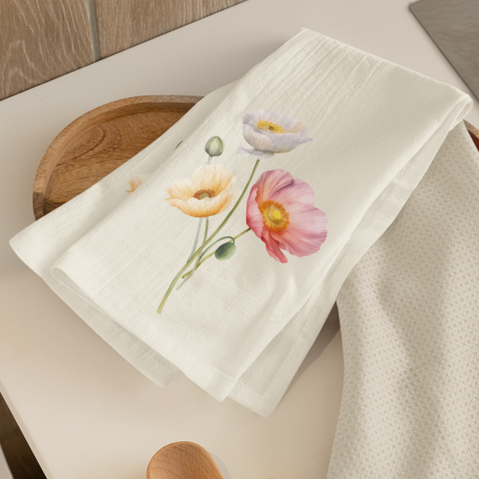 Poppy Floral Cotton Tea Towels, Flower Kitchen Towels, Farmhouse, Cottage Décor, Flour Sack Towel, Dish Towel, Eco-Friendly, Sustainable