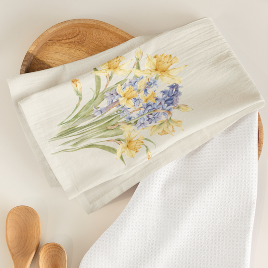 Spring Daffodil Floral Cotton Tea Towels, Flower Kitchen Towels, Farmhouse, Cottage Décor, Flour Sack Towel, Dish Towel, Eco-Friendly, Sustainable
