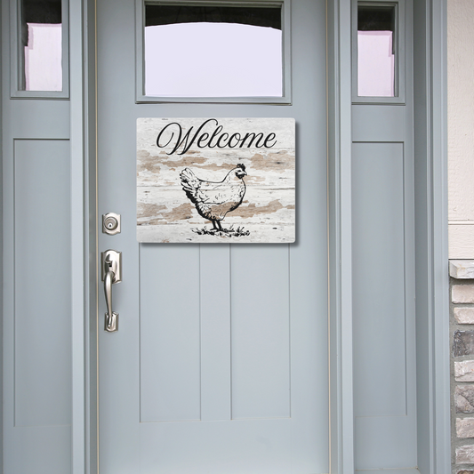 Charming Chicken Welcome Metal Front Door Sign, Farmhouse Decor, Rustic Home, Cottage, Eco-Friendly, Sustainable
