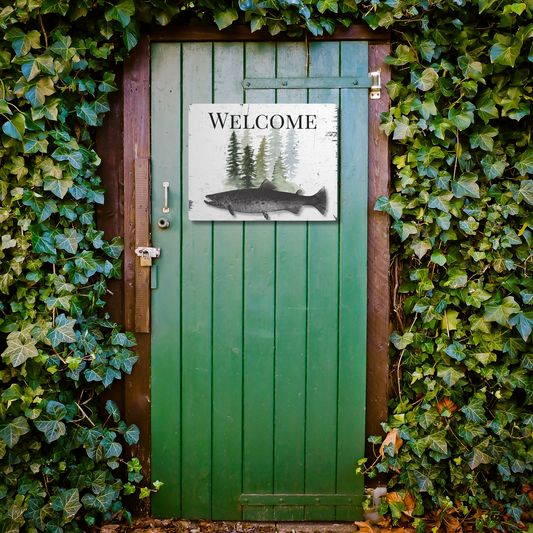 Rustic Metal Trout Welcome Sign for Front Door, Home Décor, Cabin, Summer Vacation Home, Eco-Friendly, Sustainable
