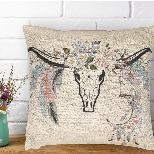 Texas Longhorn Flowers Woven Throw Pillow, Rustic Throw Pillow, Home Decor, Country Western Decor, Southwestern Style