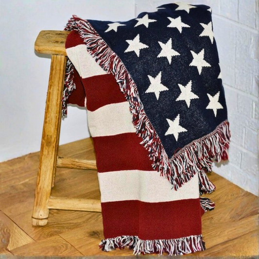 Woven Blanket Throw - Patriotic USA Flag Cozy Home Decor. Eco-Friendly, sustainable 100% cotton. Made in the USA.