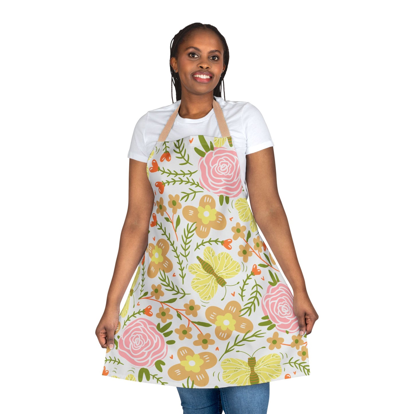 Floral Kitchen Apron with Beige Ties, Cooking, Baking, Crafting, Cleaning Apron, Eco-Friendly, Sustainable
